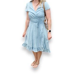 POLO Ralph Lauren Chambray Blue Women’s Wrap Midi Ruffle Tie Dress Size 12 Large